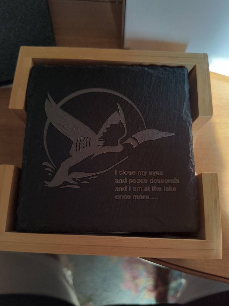 Customer photo of Set of 4 Custom Logo Engraved Slate Coasters with Bamboo Coaster Holder from Sarah