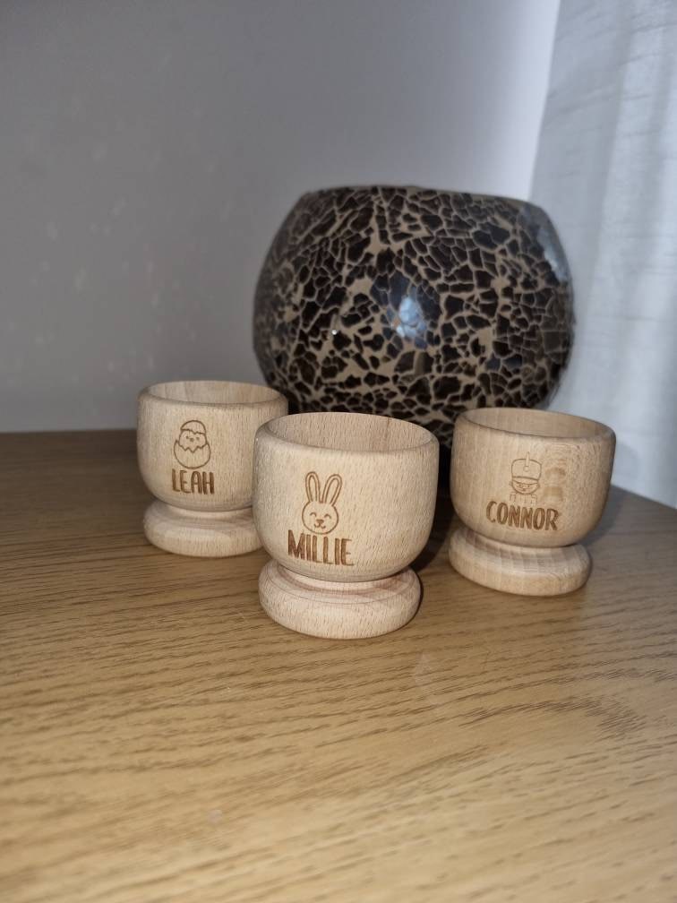 Personalised Egg Cup, Engraved Wooden Egg Cup, Easter Gift for Kids, Dippy Egg Holder, Unicorn, Dinosaur, Solider, Bunny Rabbit, Chick