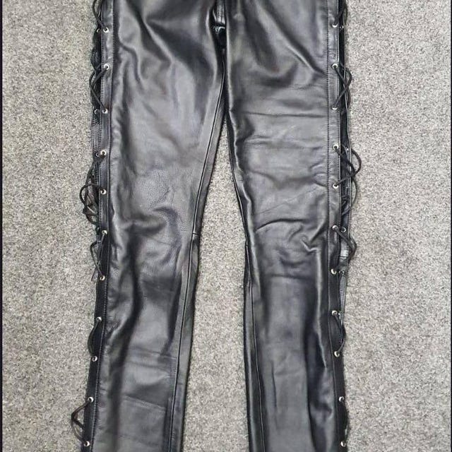 Men's Black Lace-up Leather Pants - Slim Fit Biker Motorcycle