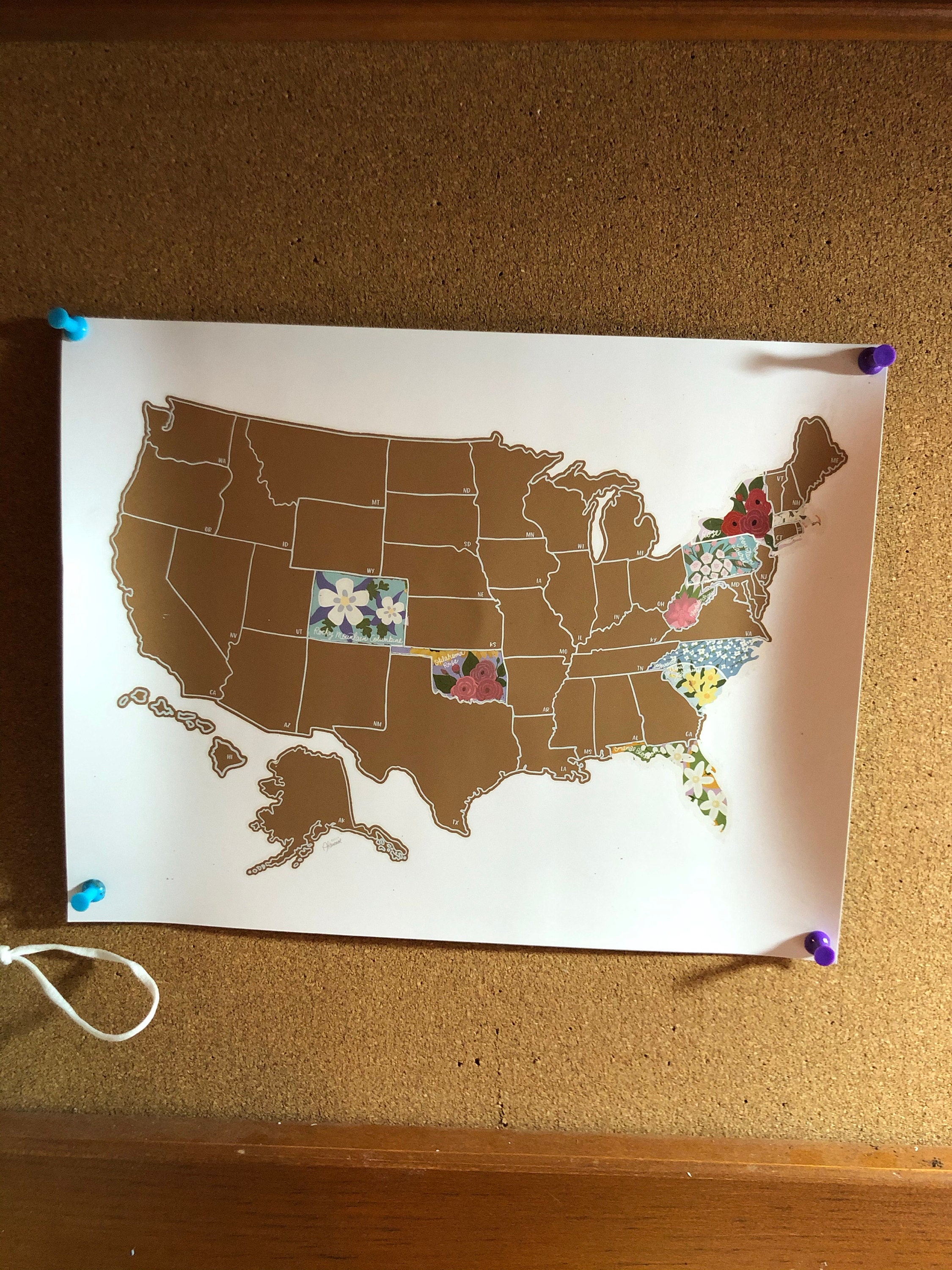 Desk Size Scratch Your Travels State Flowers USA Map | Small Scratch Off Map | Travel United States Map Gift |  Present Birthday