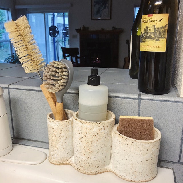 Handmade Ceramic Kitchen Sink Caddy With Glass Bottle Soap and Sponge Holder,  Brush Organizer 