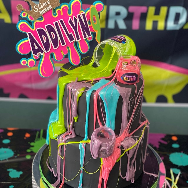 Slime Queen Cake Topper Pink Glitter Heart Shape Slime Art Themed Party Decor Pick for Girl Baby Shower Slime Themed Birthday Party Decorations