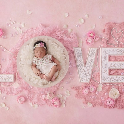 Newborn Digital Backdrop for Girls Little White Pram, Shot on a Mauve ...