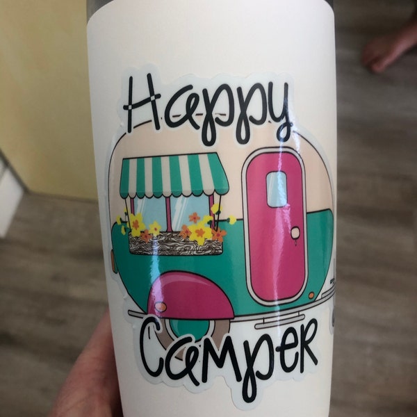 4" Happy Camper Sticker Retro RV Trailer Cooler Laptop Tablet Car ...