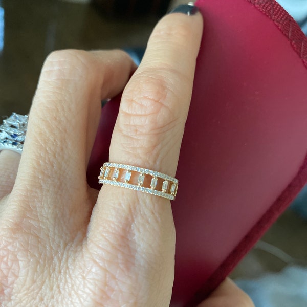 14k Gold Double Row Micro Pave Diamond Ring With Baguette Diamond ...