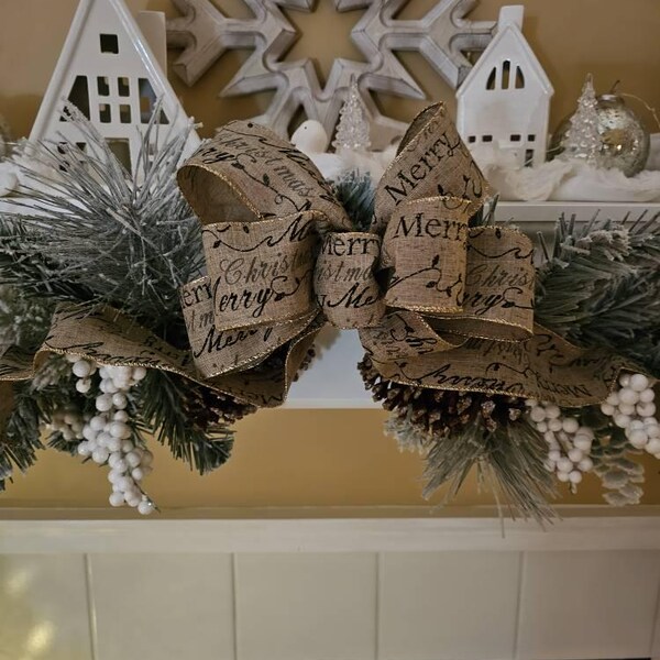Rustic Burlap Farmhouse Christmas Bow, Christmas Holidays Script Burlap ...