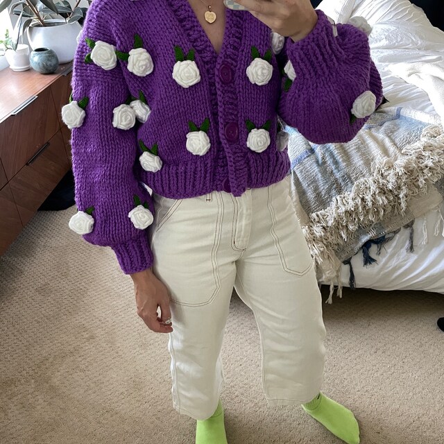 Lilac/ecru Roses Chunky Cropped Cardigan for Woman , Lilac Lilac/ecru Roses Chunky Cropped Cardigan for Woman , Lilac