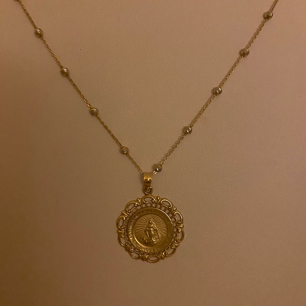14K Solid Yellow Gold Miraculous Virgin Mary Pendant Necklace - Etsy