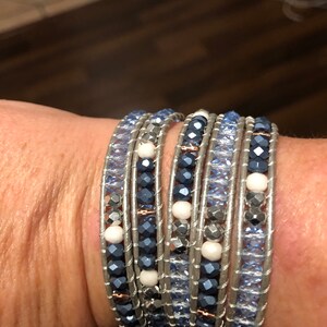 Silver Leather Wrap Beaded Bracelet Boho Blue Moon - Etsy