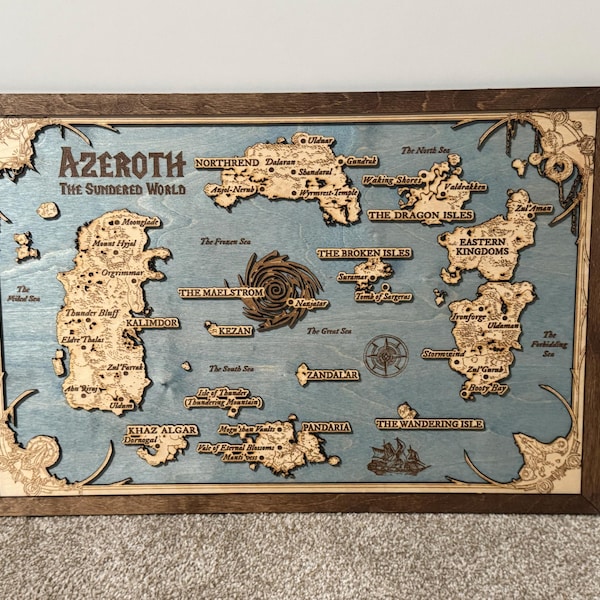 3D Wood Engraved Azeroth Map the Sundered World Map World of Warcraft ...