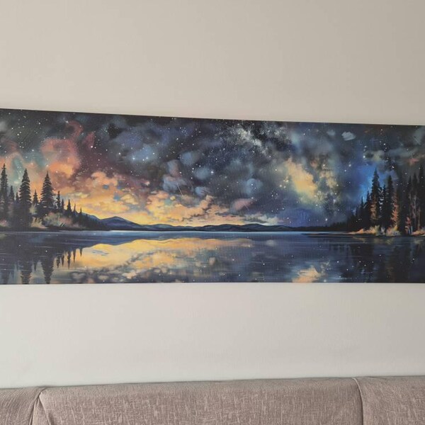Starry Night Over the Lake: Vibrant Panoramic Wall Art Print, Narrow ...