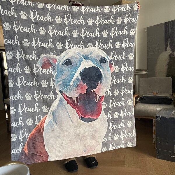 Personalized pet blanket paw print name blanket with pet portrait from