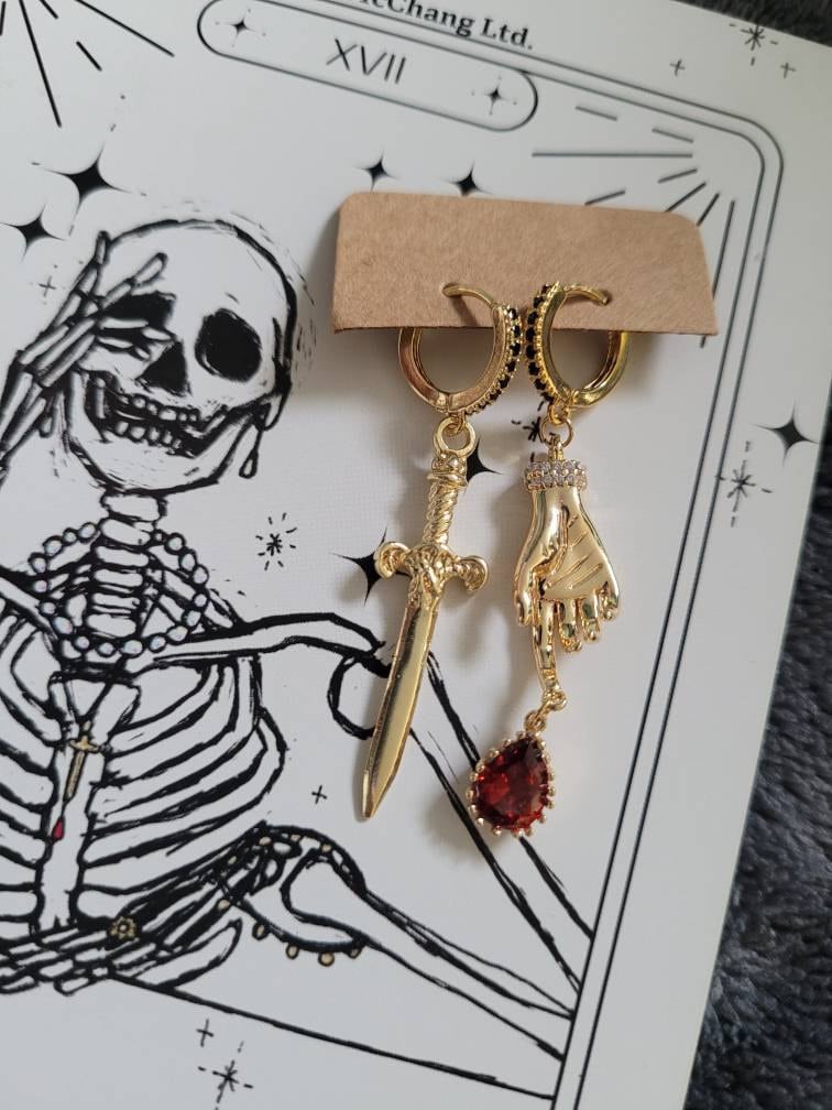 LADY MACBETH Gold / Silver / Black Sword, Hand and Blooddrop Earrings / Hoops