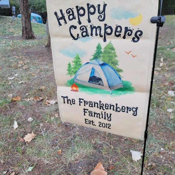 Personalized Camping Garden Flag - Gift For Single Man/Woman With Up To 4 kids and 2 pets - This Is My Happy Place main image 1