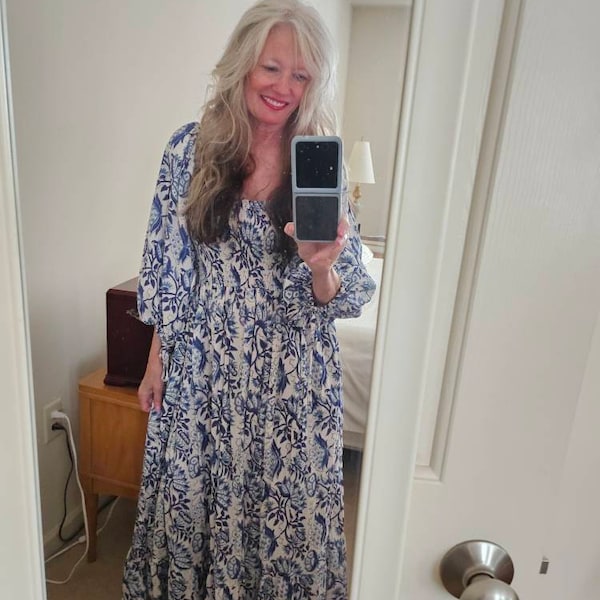 cotton little boy blue hand block printed floral long maxi dress - frill collar bohemian dress