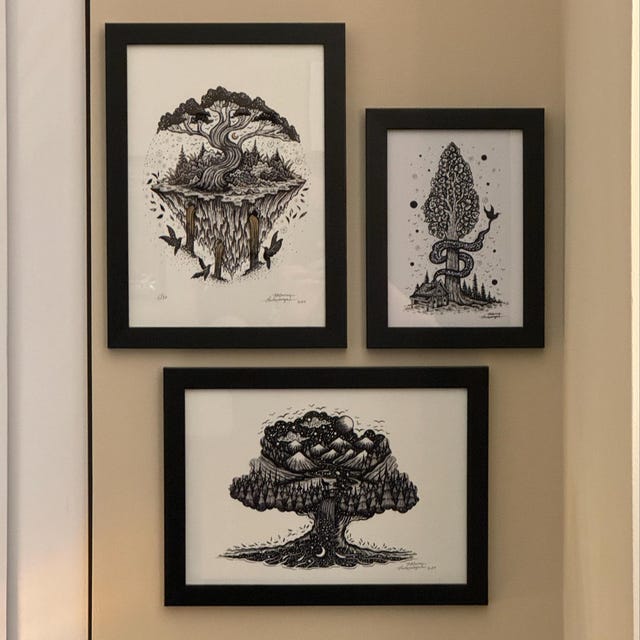 Limited Edition Print, Bonsai Mountain Tree | Pen Drawing, Birds