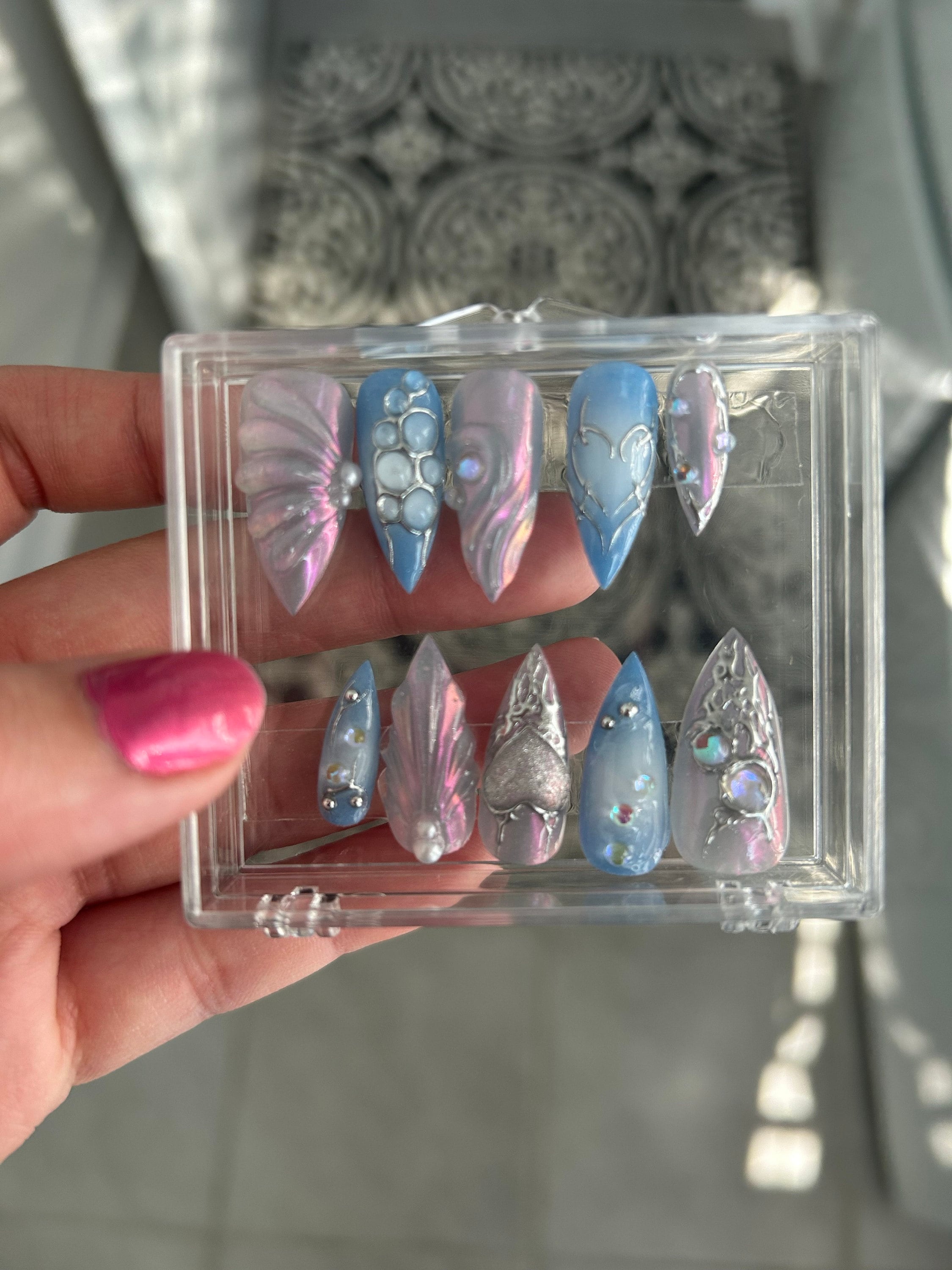 Free Style Blue Mermaid Almond Press On Nails, Handpainted Fake/False Nails, Prom/Event/Birthday Nails, Goth/Gothic/Y2K/Aura Nai