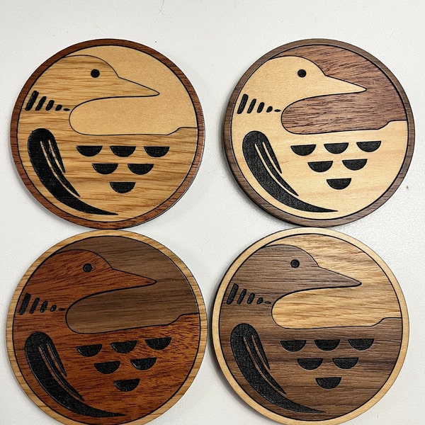 Wood Inlay Loon Coaster Set of 4. Wood Inlay, Engraved, Hand Painted ...