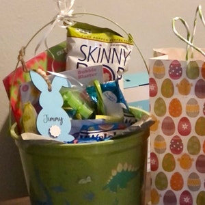 Personalized Easter Bunny Basket - Canvas Easter Bucket With Handle - Blue Design For Kids