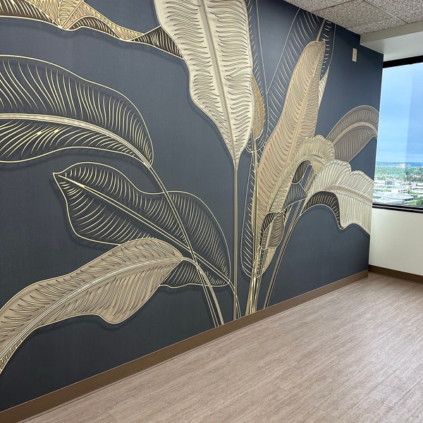 Tropical Gold Leaf Wallpaper, Peel and Stick Banana Leaves Wall Mural ...