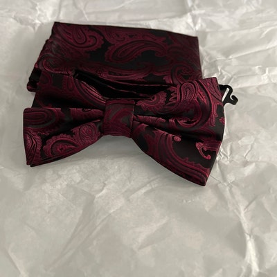 Burgundy Wine on Black Paisley with Free Pocket Square Pre Tied Mens ...