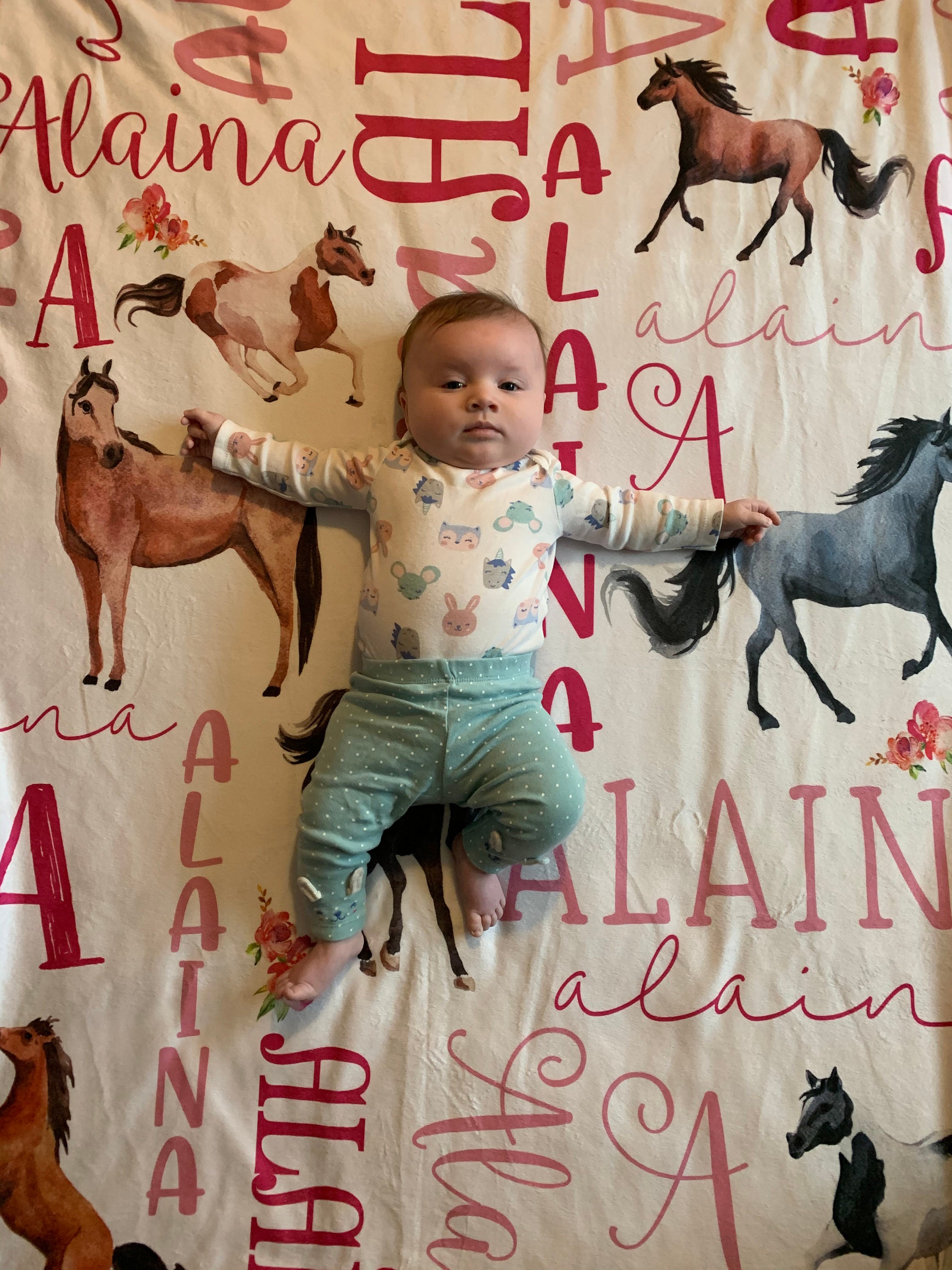 Personalized Horse Baby Blanket - Horse Sherpa Throw Blanket -  Personalized Baby Girl Blanket - Floral Horse Personalized Baby Blanket
