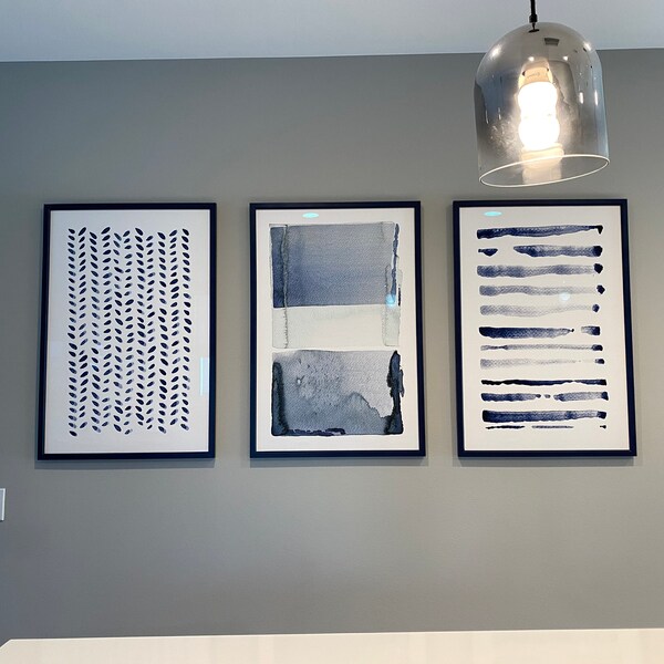 Large Wall Art, Navy Blue Gray Abstract Art, Set of 3 Paintings, Large ...