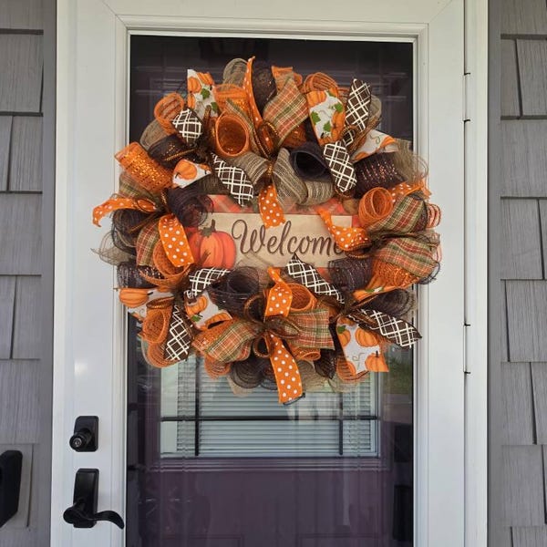 Fall Thanksgiving Mesh Front Door Wreath - Orange Brown Burlap Wreath ...