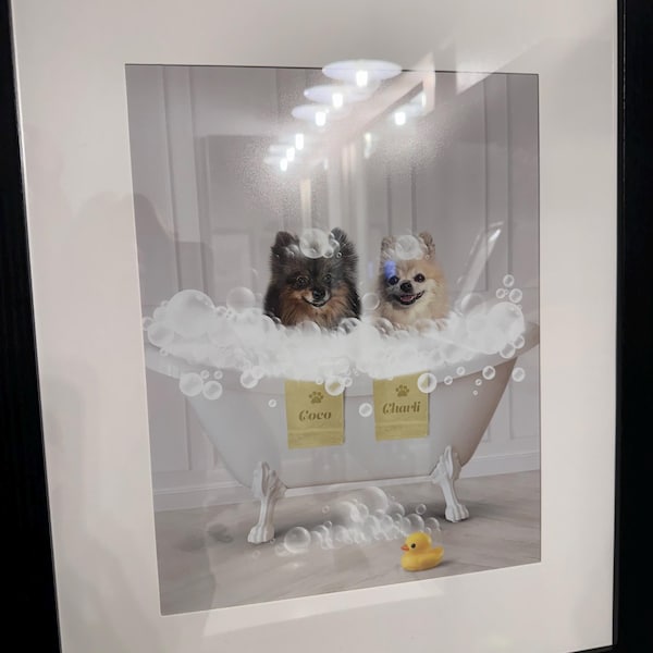 View of Two Pets in Bathtub Custom Pet Portrait From Photo, Combine Pet Photo ...