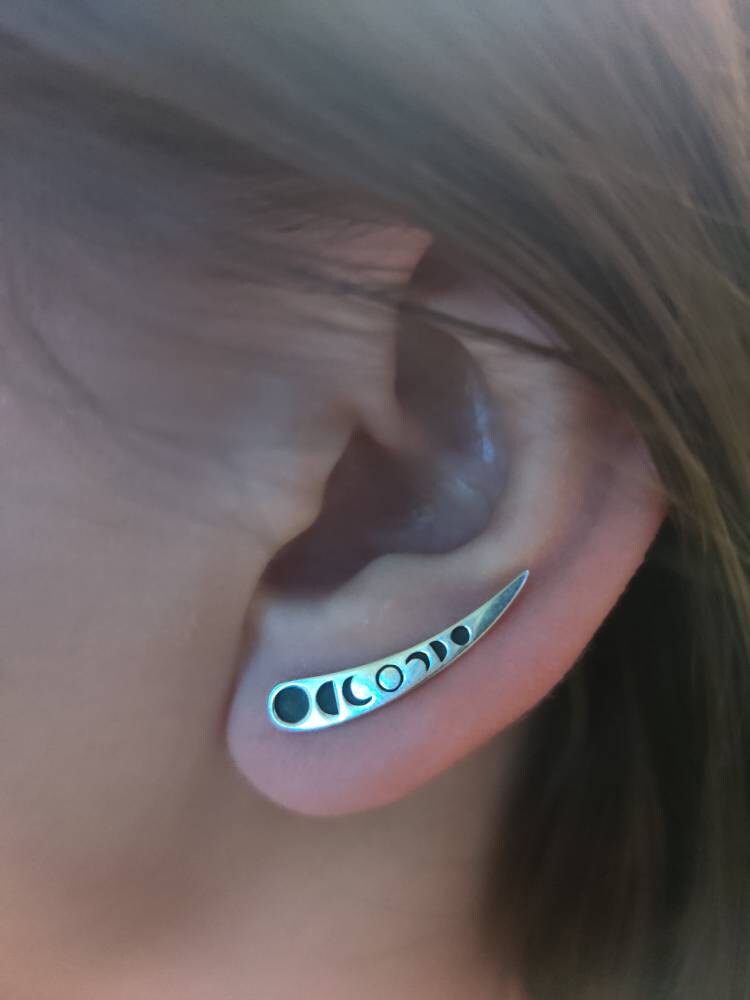 Moon Phases Ear Climber Silver Celestial Earrings Ear Crawler Earrings Modern Jewelry Bohemian Crescent Moon Ear Cuff Gift For Her - FES030