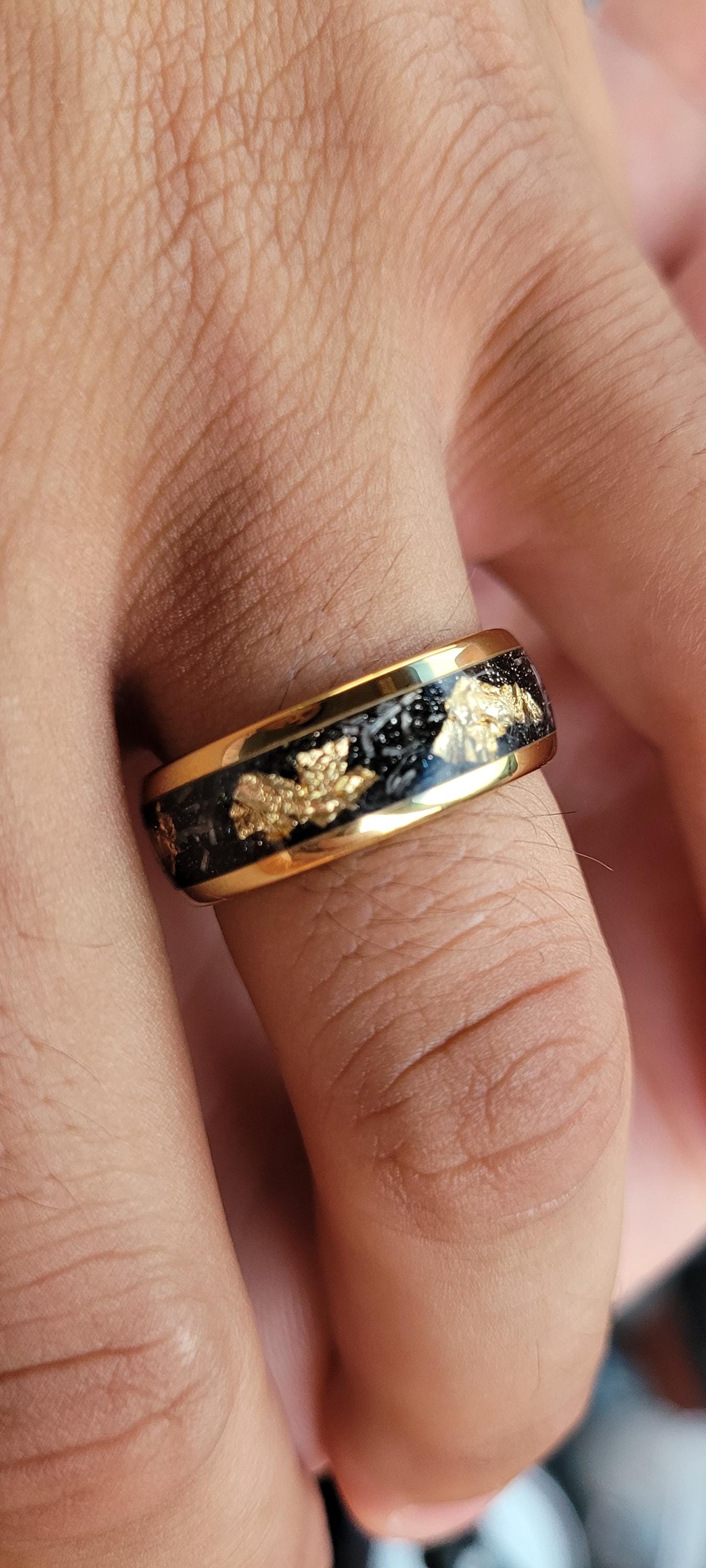 Meteorite Gold Leaf Flakes Wedding Band, Crushed Meteorite & Gold Ring, Mens Wedding Band, Tungsten Ring, Mens Ring, Promise Ring