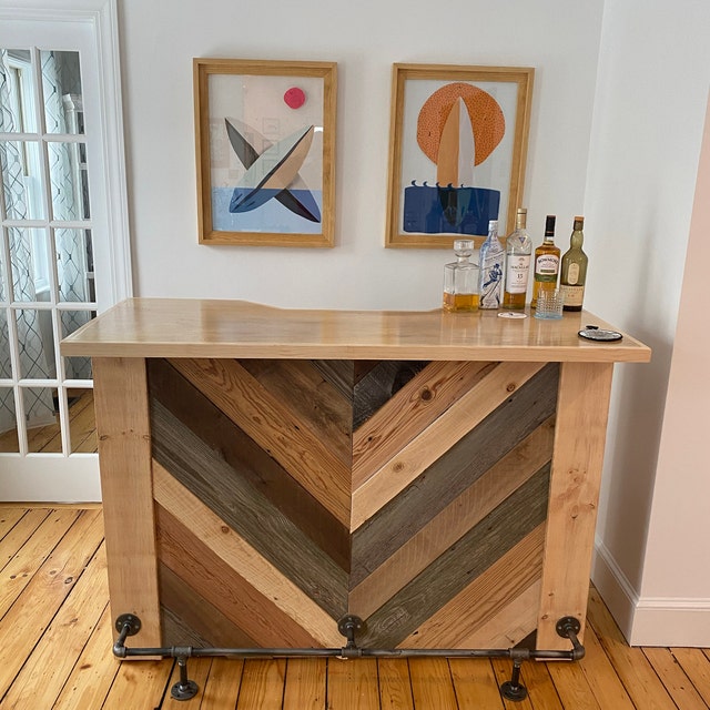 Reclaimed Wood Home Bar With Shelf, Foot Rest, Chevron, Rustic, Farmhouse,  Solid Wood, Industrial, Natural, Counter 