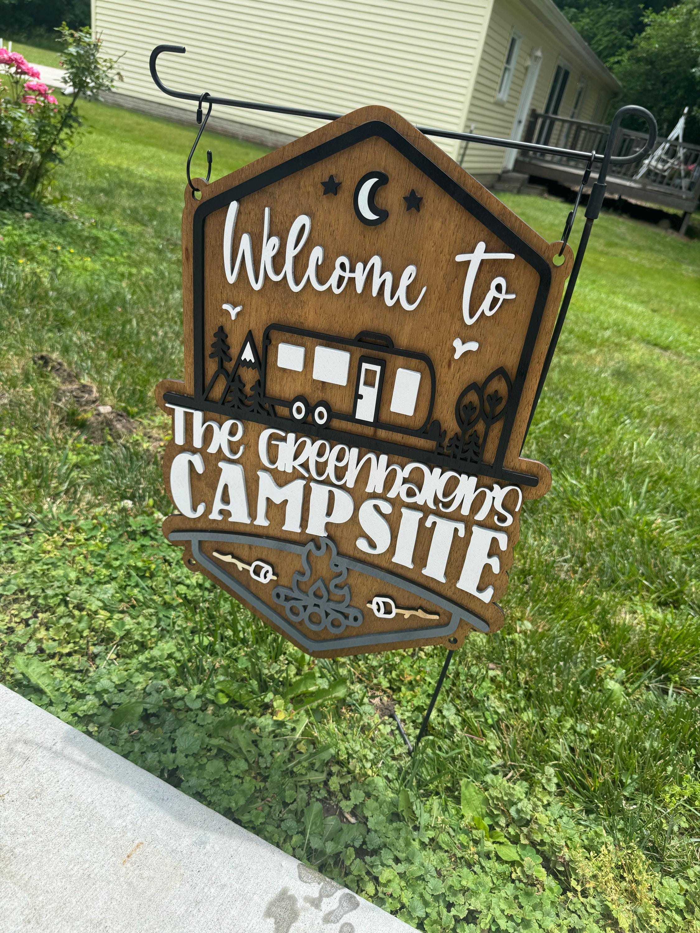 Welcome to our Mountain Campsite Personalized Sign Standard Size Only includes Yard Stake