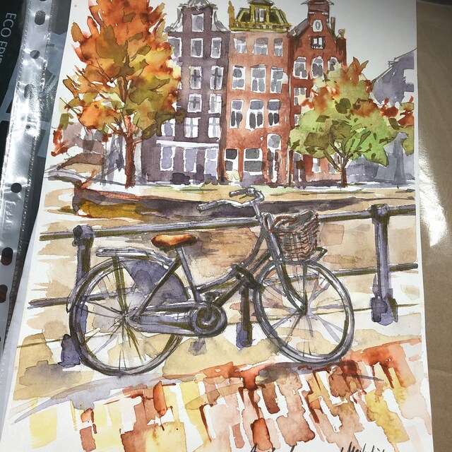 アムステルダムの絵画 オリジナル水彩画 自転車アート ヨーロッパの