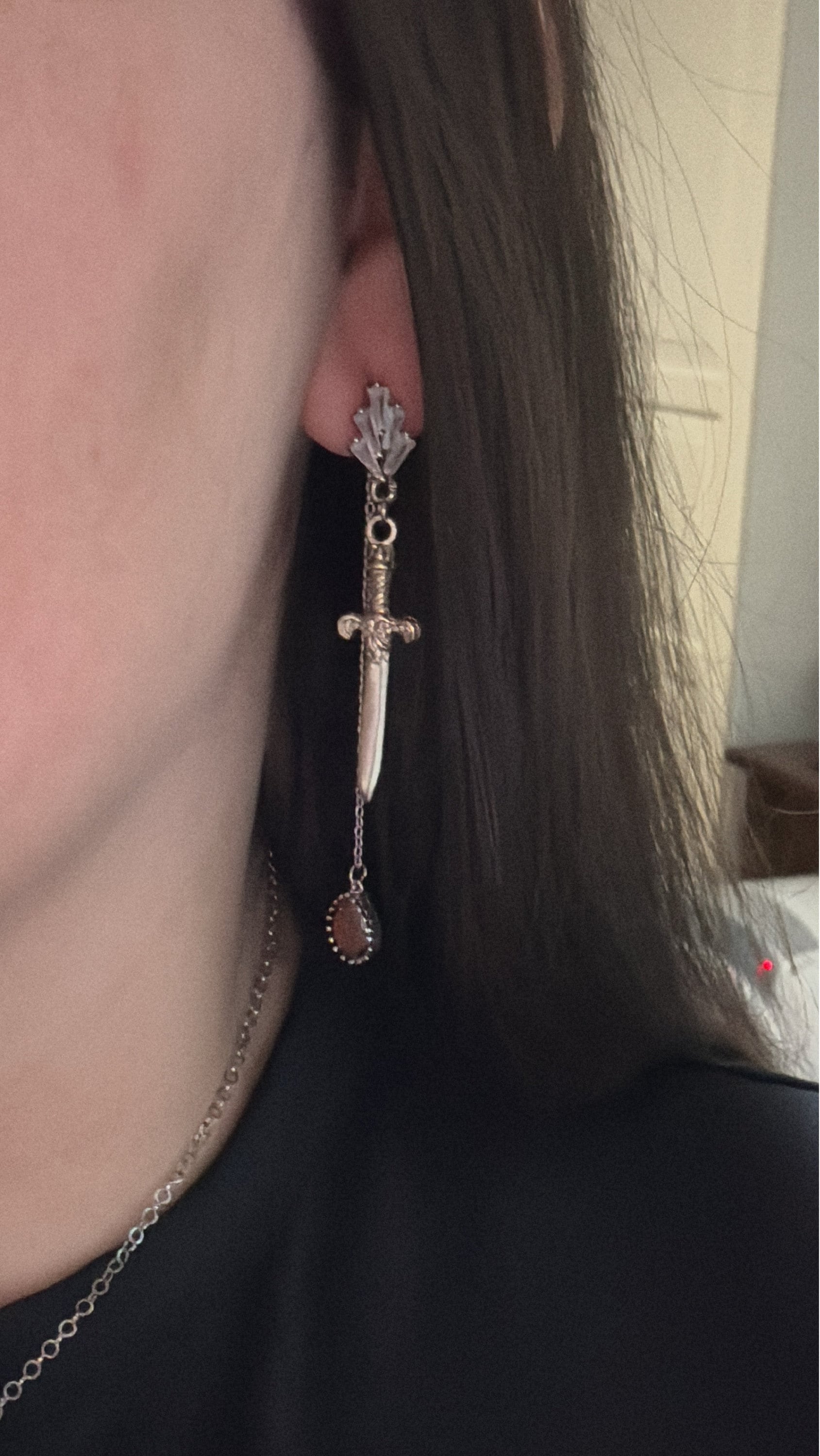 Sword and Blood Drop Dangle 2 Way Earrings / Gold,Silver, Black Deep Red Teardrop Earrings