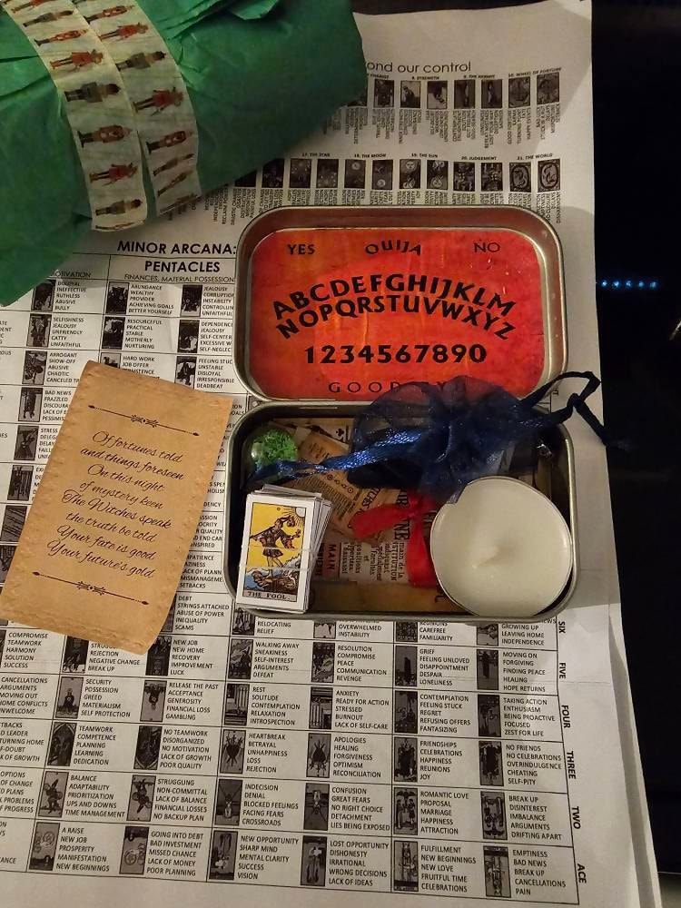 mini tarot tin, mini tarot kit, on the go mini tarot tin, palmistry ouija board psychic spell kit, mini tarot card deck, mini ouija board,