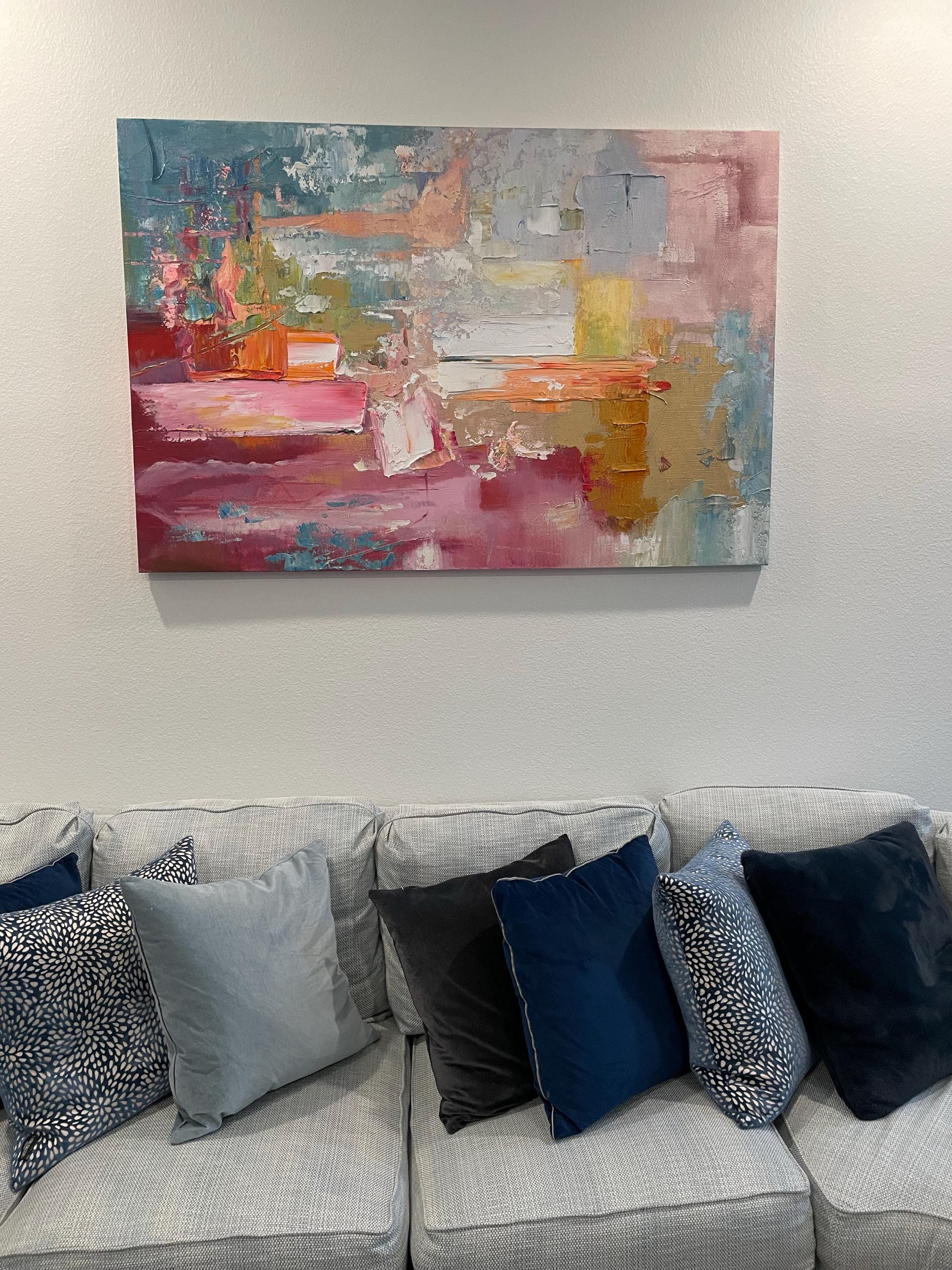 Large pink abstract oil painting, colorful handmade painting, modern office art, living room wall decoration