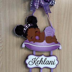 Baby girl African American purple outfit  door hanger , hospital door hanger, personalized baby girl name, newborn announcement