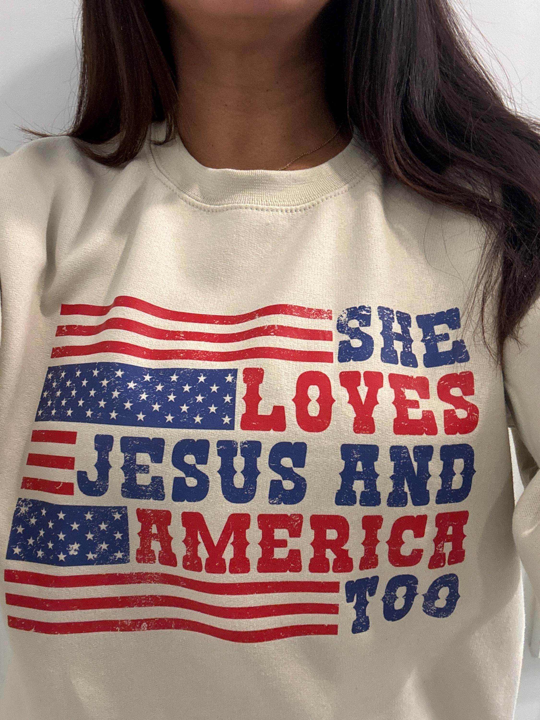 Retro USA Sweatshirt, She Loves Jesus And America Too, Womens USA Crewneck Sweatshirt, USA Shirt, America Sweatshirt, 4th of July Sweatshirt