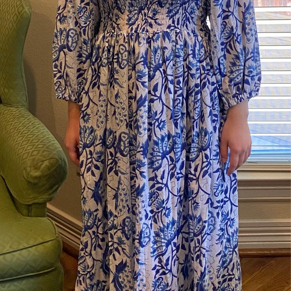cotton rouge floral hand block printed bohemian maxi dress - frill collar long dress