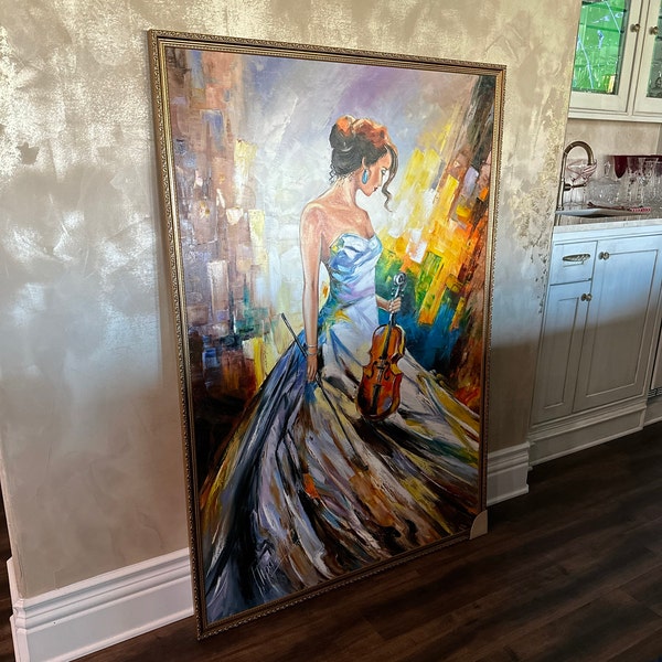Lady With Violin Oil Painting Original Women 36x48 Canvas Wall Art Girl ...