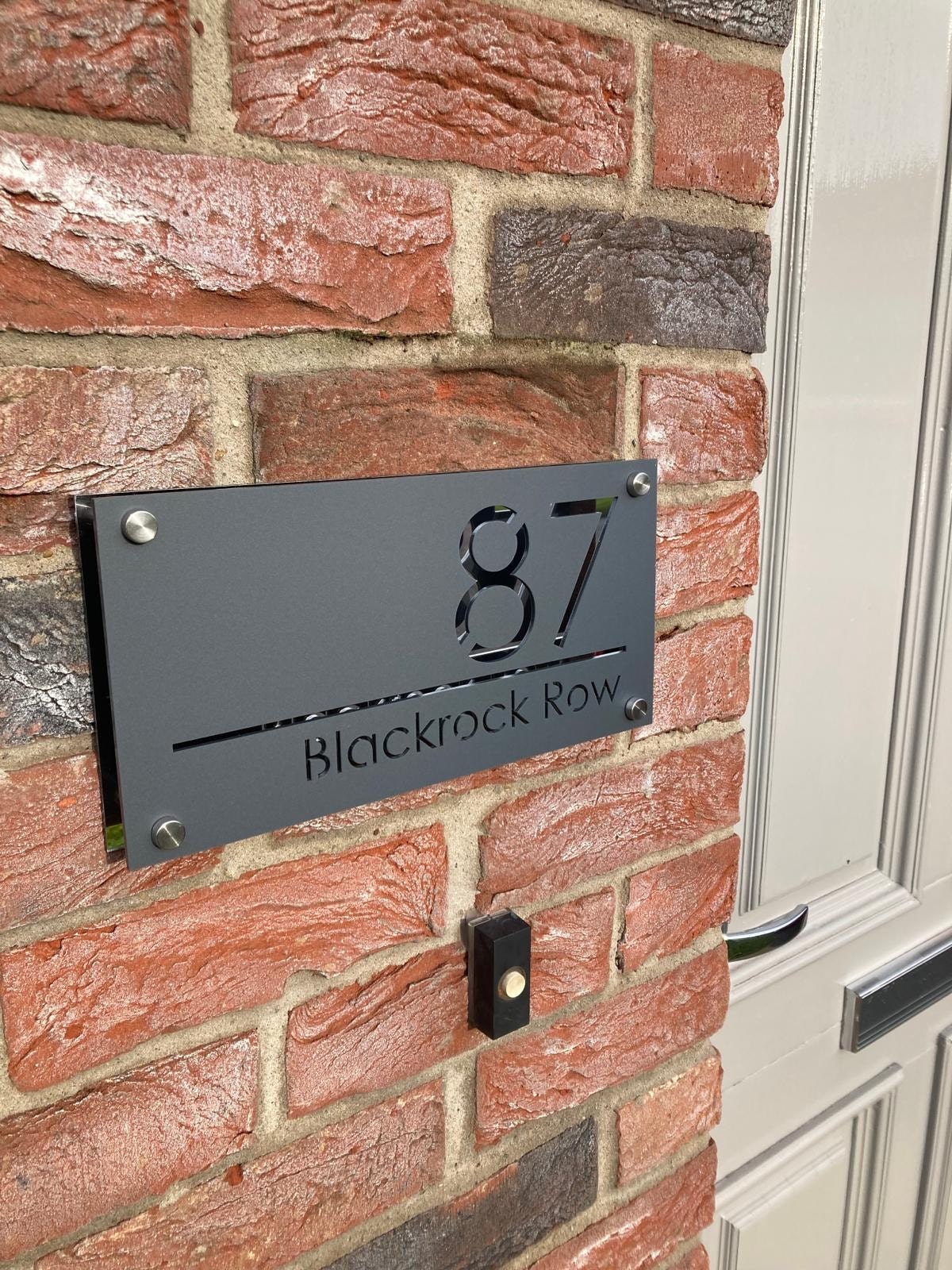 House Wall Plaques UK | Luxe A4 | Precision Laser Cut Acrylic House Number Sign | Matt Gray Anthracite & Silver Mirror | 280mm x 140mm