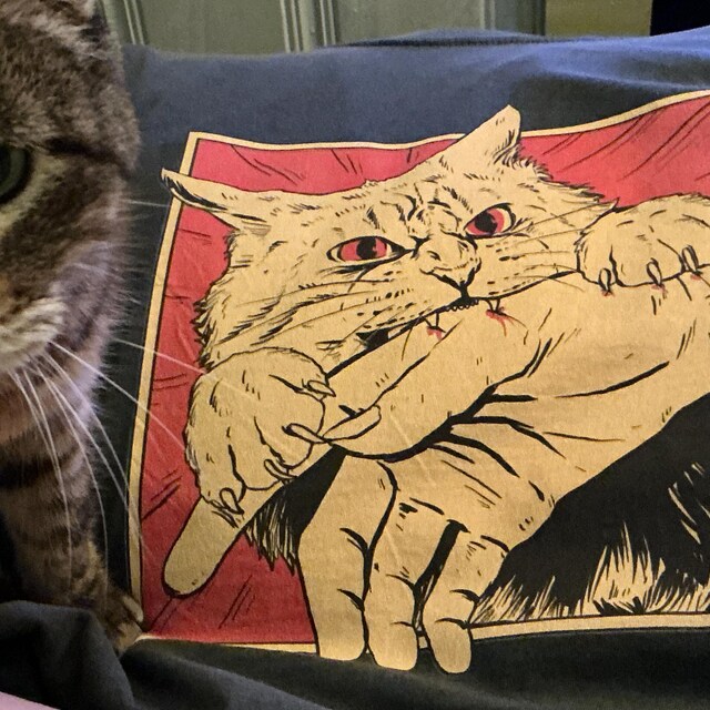 ヴィンテージ猫噛みつきシャツ、日本のホラーアニメTシャツ、レトロ