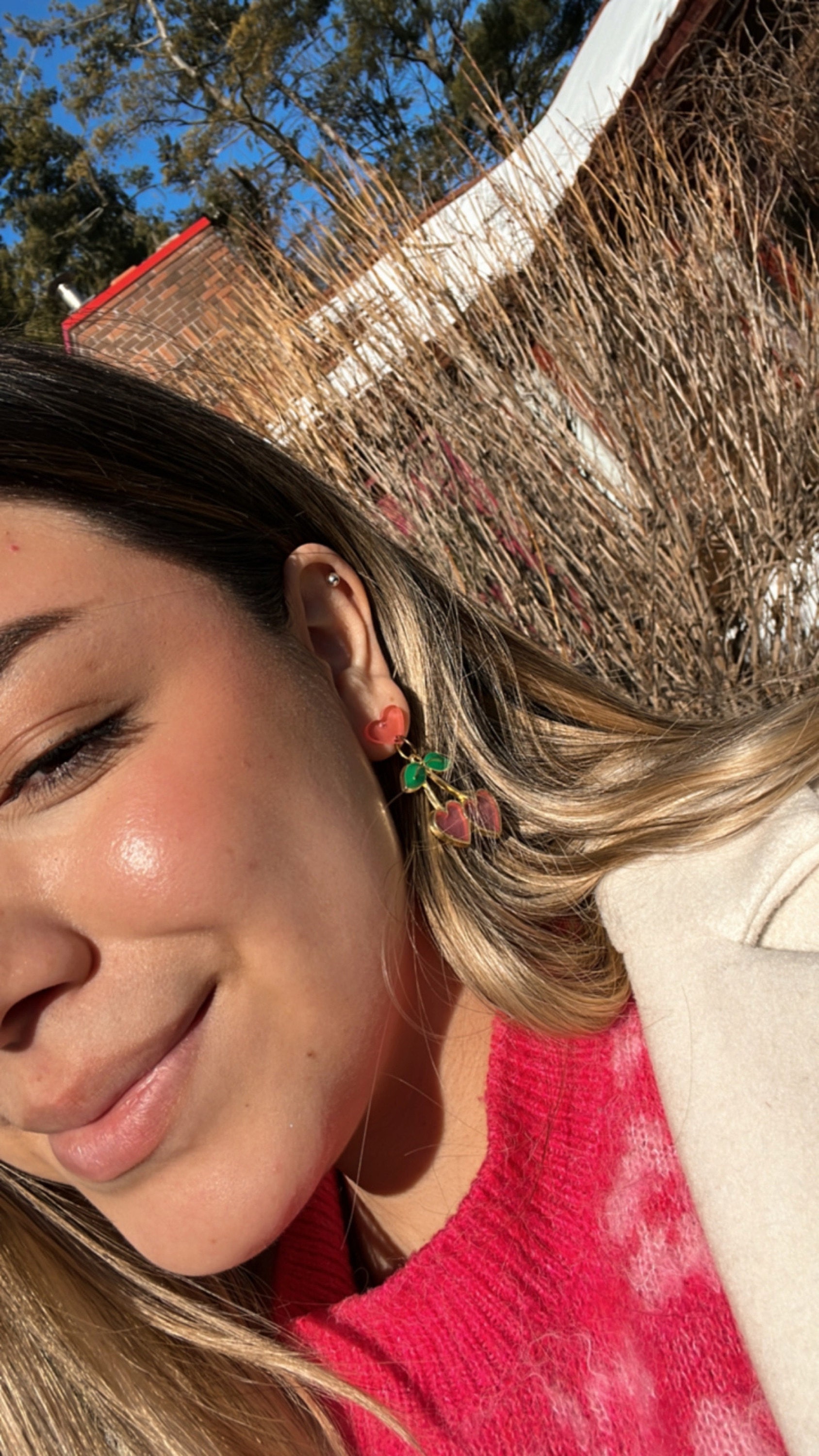 Sparkly Pink Cherry Heart Retro Kitsch Pin Up Valentines Day Earrings