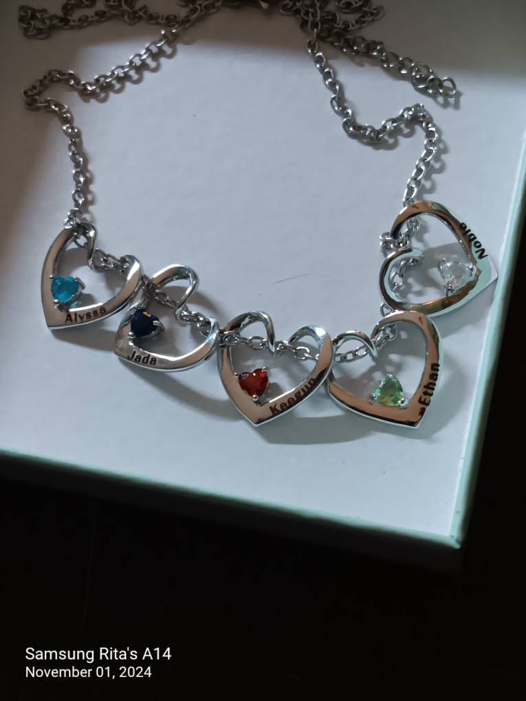 Personalized Birthstone Name Necklace, Custom Name Necklace, Heart Birthstone Necklace, Family Name Jewelry, Gift for Mom