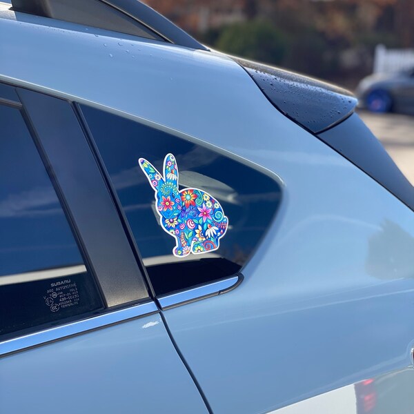 White Rabbit Car Decal Bunny Rabbit Car Decal Colorful Design Flowers Bumper Sticker Laptop ...