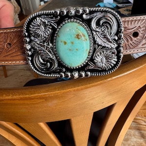 Teal Turquoise Stone Belt Buckle: Western Cowboy Silver  display picture 3