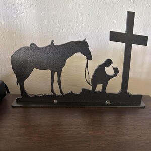 Praying Cowboy, Cross, Kneel, Horse, Religious Metal Art, Memorial