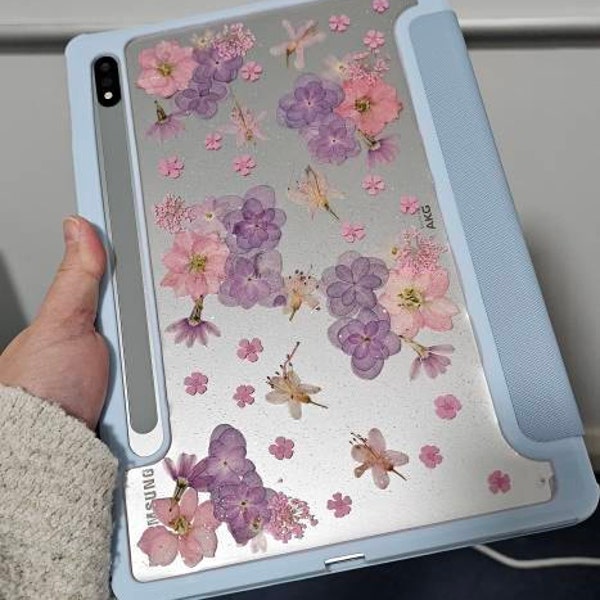 Real Pressed Pink Flower Glitter Case for Samsung Tab S11 S10 S9 S8 ...