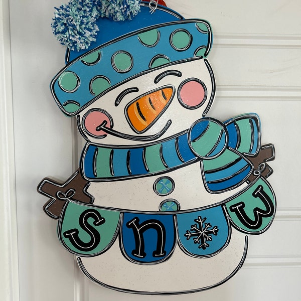 Glitter Snowman Door Hanger With Pom Poms, Winter Decor - Etsy